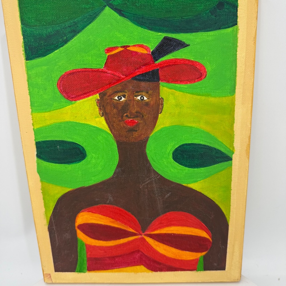 1.a.0.0.7.7 Original Folk Art Portrait Painting Woman Red Hat Acrylic Canvas